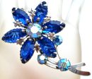 Blue Rhinestone Flower Brooch Pin Vintage Fashion