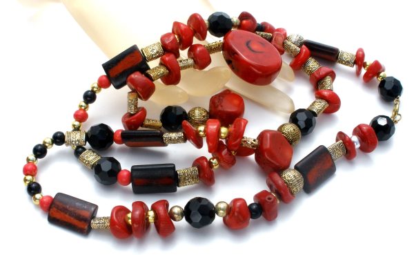 Red & Black Onyx Bead Necklace 32  Vintage Cheap