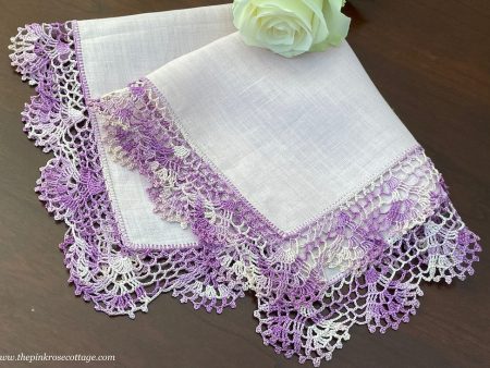 Vintage Lavender Purple Irish Linen Handkerchief with Crocheted Lace Edge For Sale