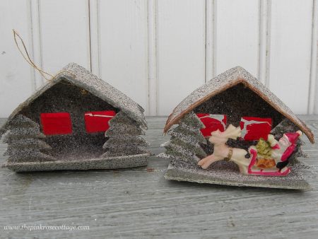 Vintage Putz House Santa on Sleigh Diorama Christmas Ornaments For Sale