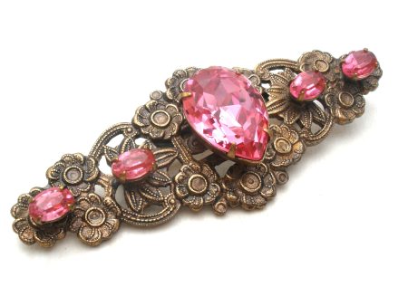 Vintage Brass Flower Brooch Pin With Pink Rhinestones For Discount