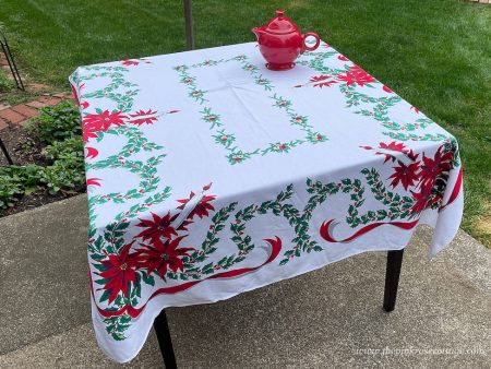 Vintage Christmas Tablecloth Poinsettia Candles Holly and Ribbon For Sale