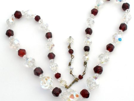 Red & Clear Glass Bead Necklace Vintage  21  Supply