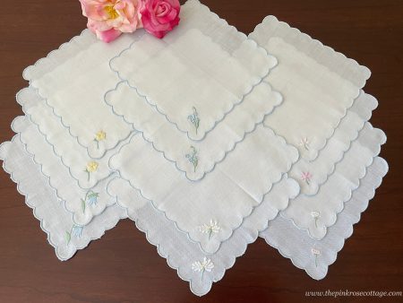 12 Vintage Floral Embroidered Linen Tea or Cocktail Napkins Online now