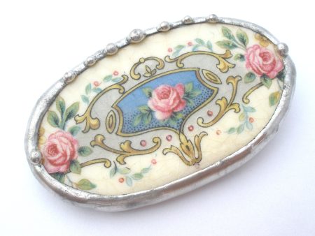 Broken China Rose Oval Brooch Vintage Discount