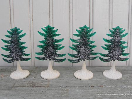 4 Vintage Plasticville Translucent Green with Glitter Evergreen Christmas Trees Cheap