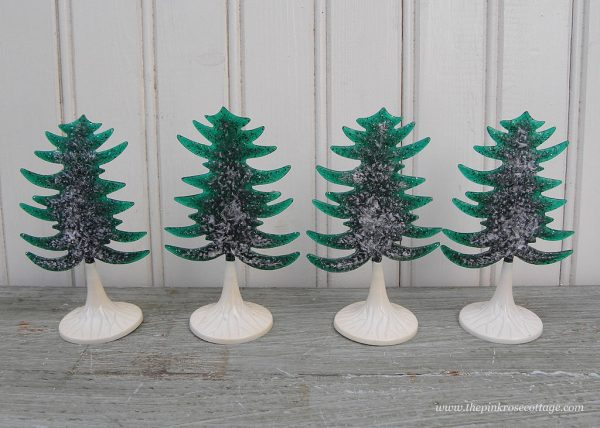 4 Vintage Plasticville Translucent Green with Glitter Evergreen Christmas Trees Cheap