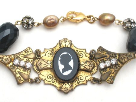 Cameo Silhouette Bead Rhinestone Brass Bracelet on Sale