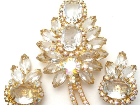 D & E Juliana Leaf Brooch & Earrings Clear & Ab Rhinestone Set on Sale