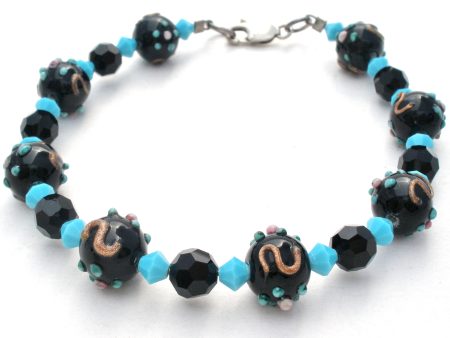 Blue & Black Lampwork Glass Bead Bracelet 925 Supply