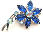 Blue Rhinestone Flower Brooch Pin Vintage Fashion