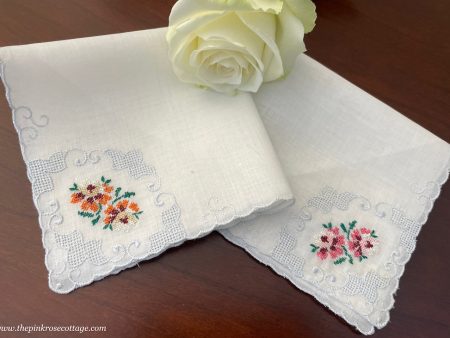 Pair of Vintage Embroidered Petite Point Pink and Orange Rose Handkerchiefs Cheap