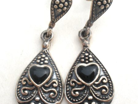 Sterling Silver Black Onyx Heart Earrings Vintage Hot on Sale