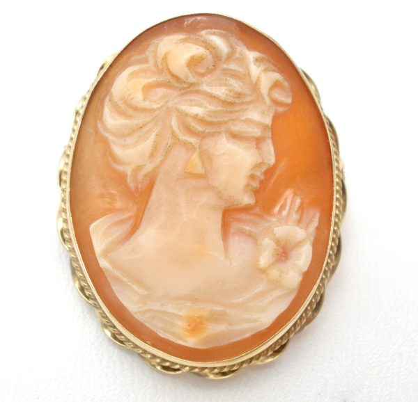 14K Gold Carved Shell Cameo Vintage Pendant Brooch For Cheap