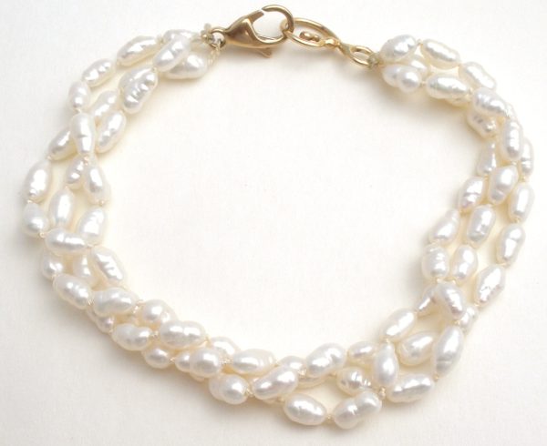 14K Gold Freshwater Pearl Bracelet Triple Strand For Discount