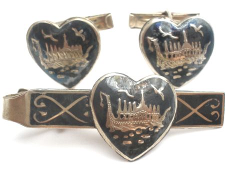 Siam Sterling Silver Enamel Ship Cufflink & Tie Bar Set Online Hot Sale