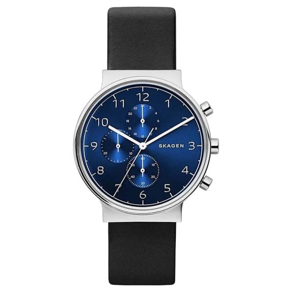 Skagen SKW6417 Men s Chronograph Multifunction Black Leather Blue Dial Watch - Stylish and Functional Timepiece Online