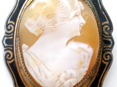 Antique Shell Cameo & Enamel Brooch Pin Fashion