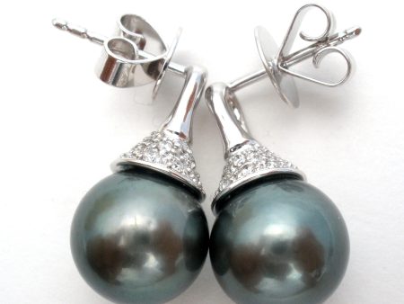 18K Tahitian Pearl & Diamond Earrings For Discount