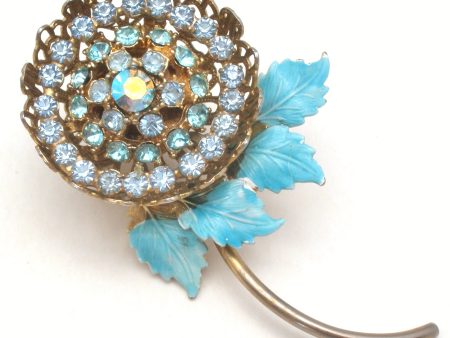 Blue Enamel & Rhinestone Flower Brooch Pin Vintage Cheap