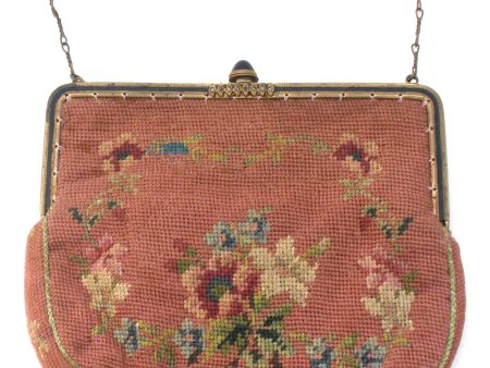 Vintage Pink Floral Petit Point Needlepoint Purse Bag Online now