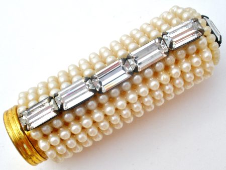 Faux Pearl & Rhinestone Lipstick Holder Vintage on Sale