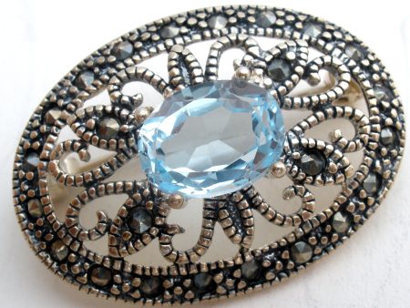 Blue Topaz & Marcasite Brooch Pin Sterling Silver For Sale